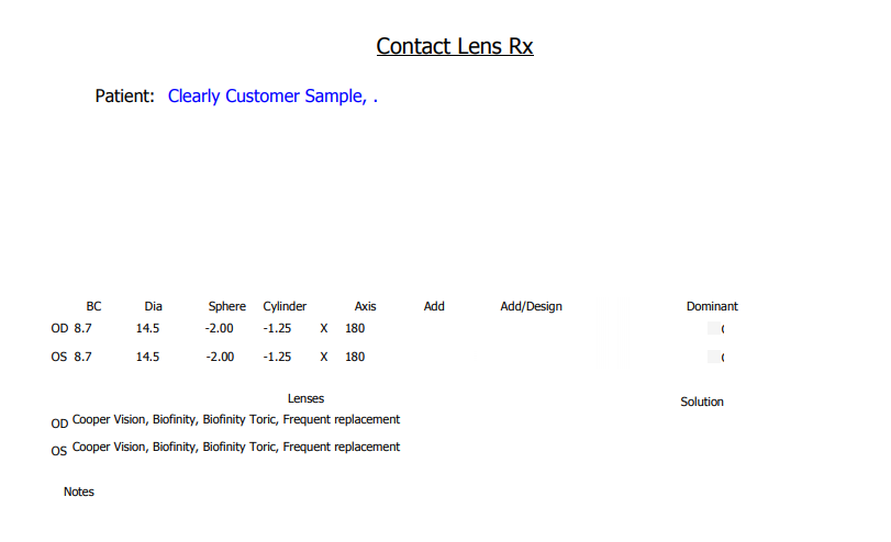 How to read a spherical contact lens prescription